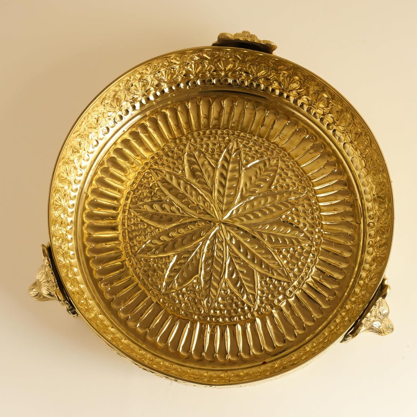 Brass Urli Bowl with Lion Design, 12 inches 1180 grams  | Decorative Floating Flower Bowl for Home Decor | |Handcrafted Metal Urli