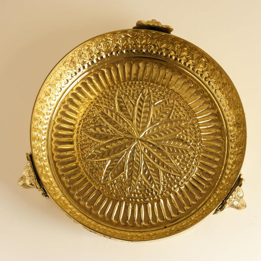 Brass Urli Bowl with Lion Design, 12 inches 1180 grams  | Decorative Floating Flower Bowl for Home Decor | |Handcrafted Metal Urli