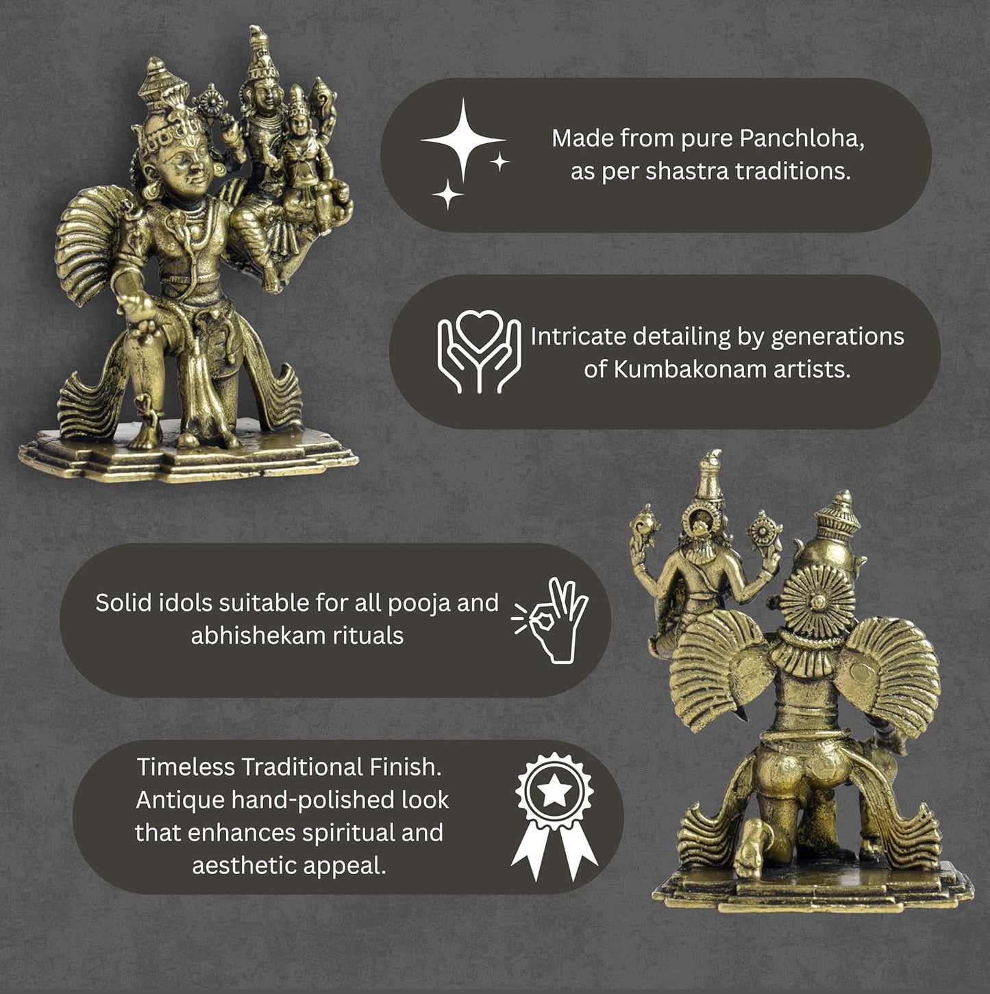 180 gm Lakshmi Narayan on Garuda panchloha | Size 8 × 6 × 5 cm | Handcrafted Traditional Hindu God Statue