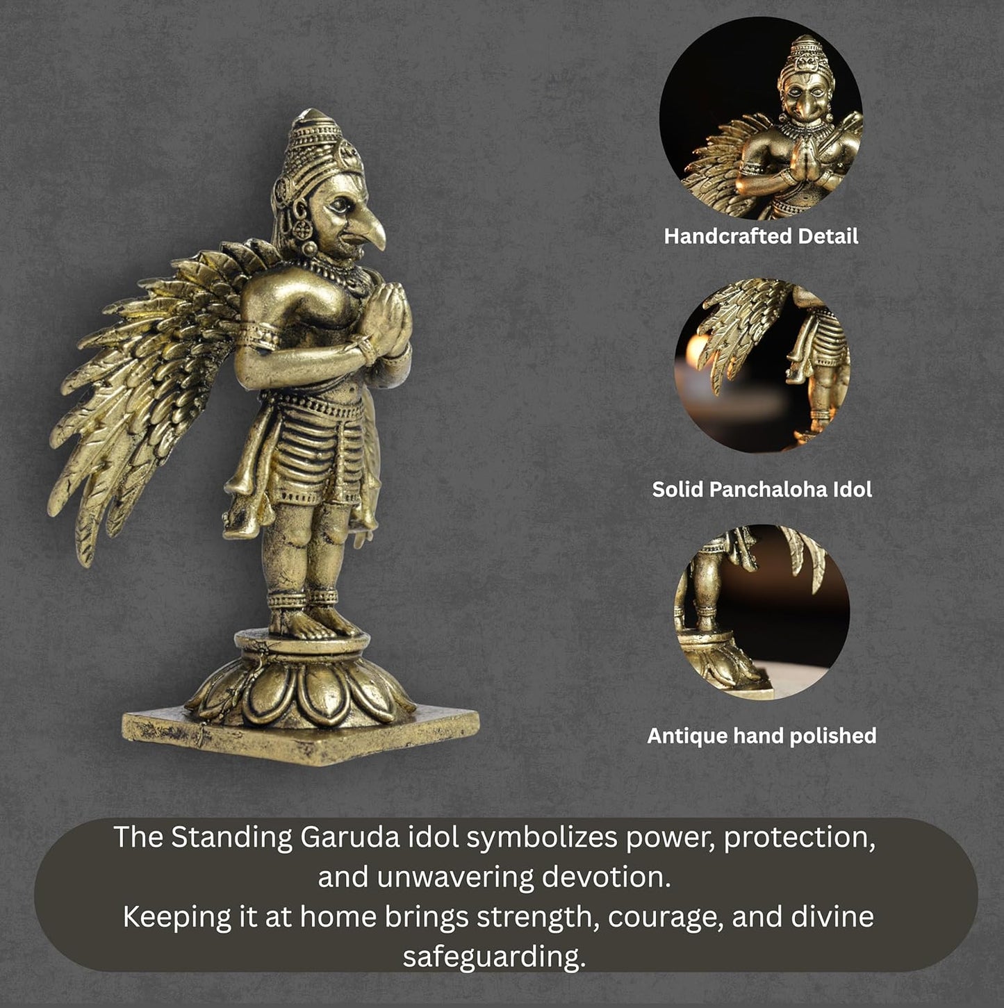Standing Garuda Panchloha Idol | Size 8 × 3.5 × 3 cm | Approx 170 gm | Handcrafted Traditional Hindu Religious Statue