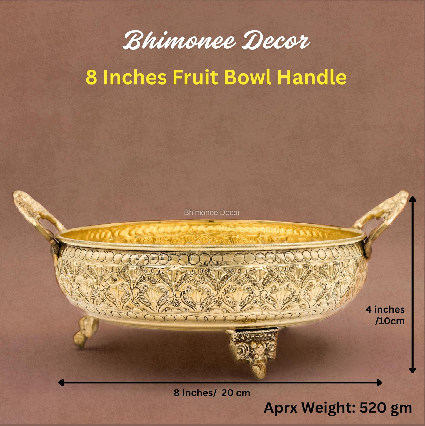 Mughal Carving Fruit Bowl Handle 8"inch | 520 gm Decorative Serving Tray & Platter