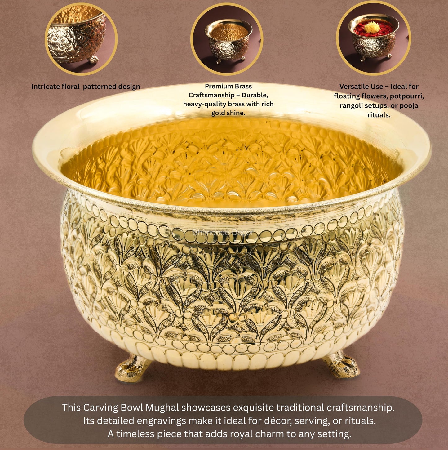Carving Bowl 6"inch | 430 gm Decorative Brass Bowl with Stand