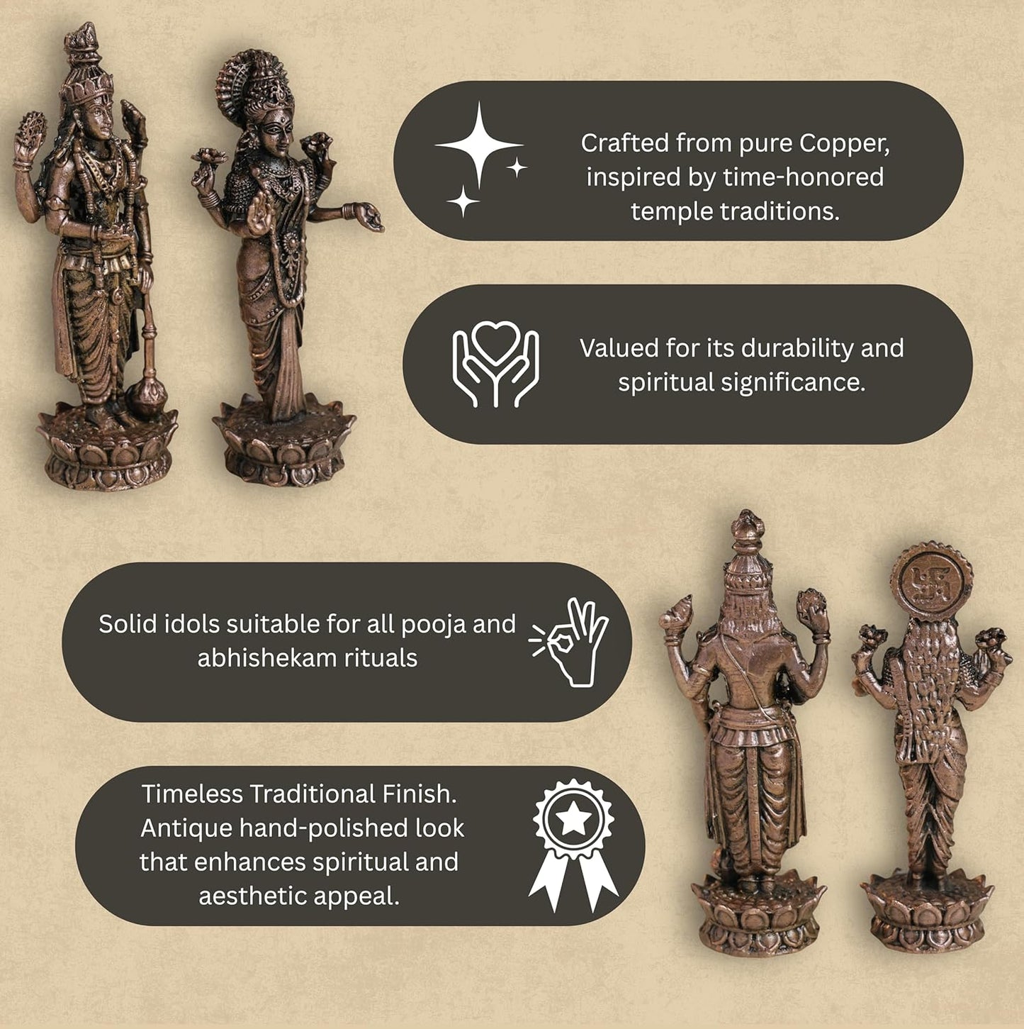 Lakshmi 11 inches & Vishnu 12 inches Idol Set 480 grams  | Antique Finish Metal God Statue for Home Temple