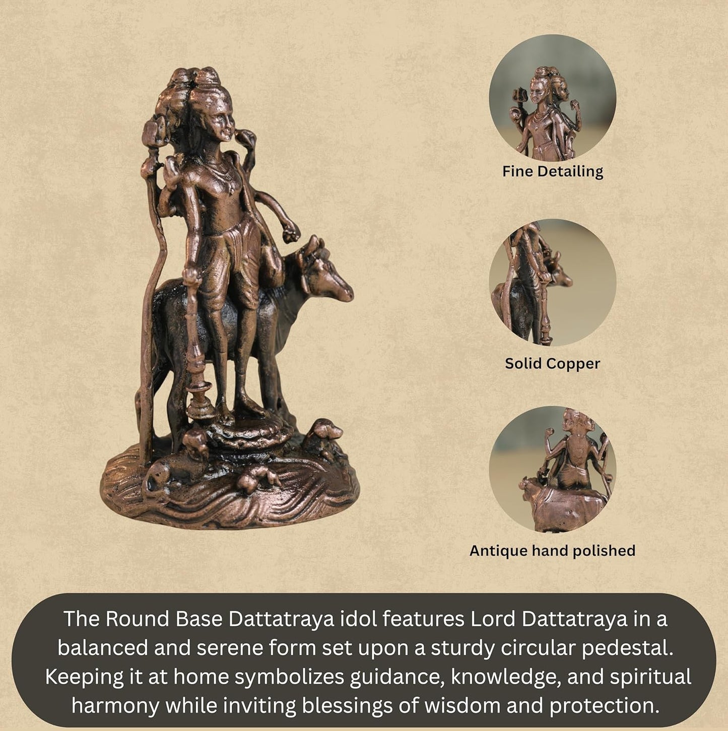 Dattatreya Idol | 160 gm ,8 inches Round Base Murti | Antique Finish Metal God Statue for Home Temple |