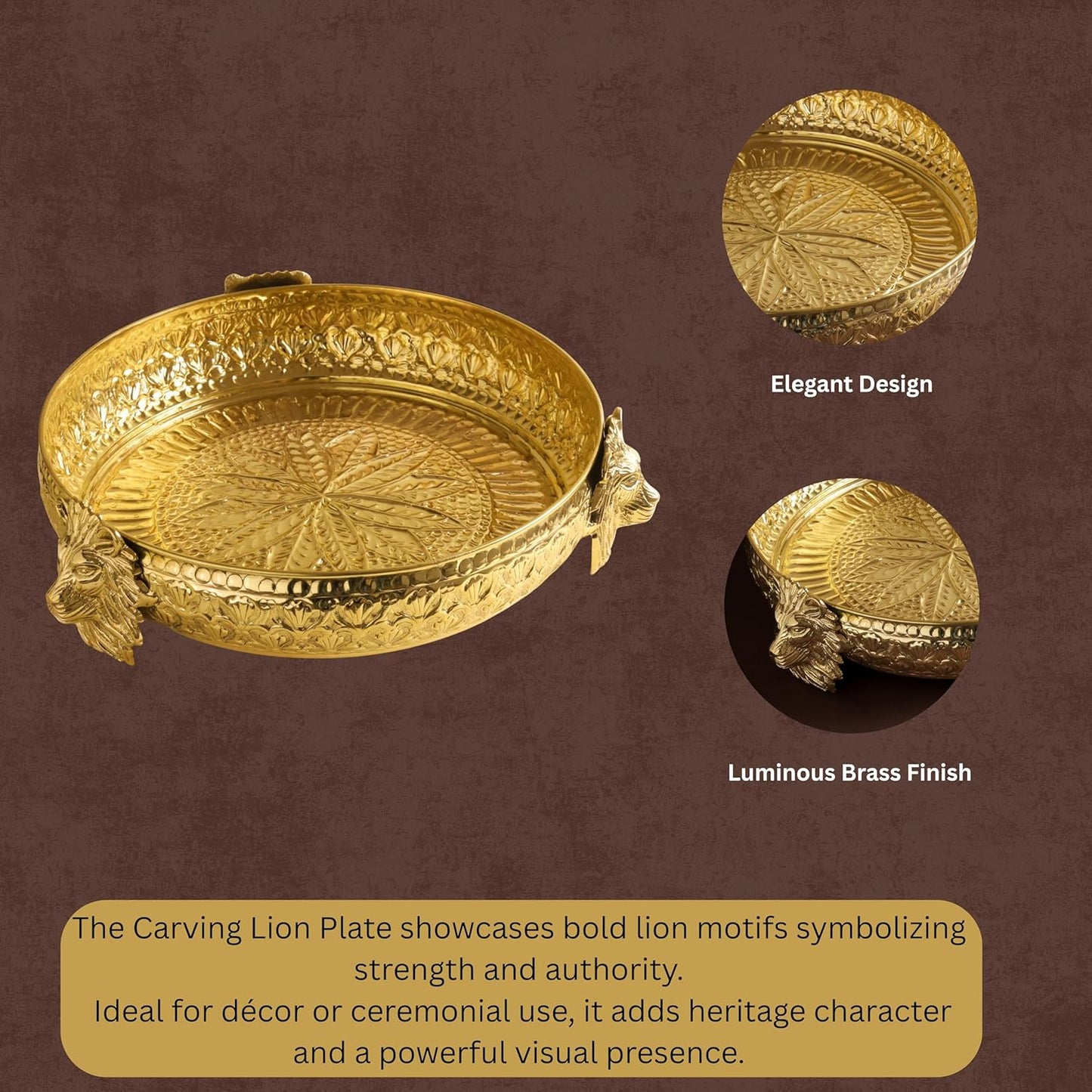 Brass Urli Bowl with Lion Design, 12 inches 1180 grams  | Decorative Floating Flower Bowl for Home Decor | |Handcrafted Metal Urli