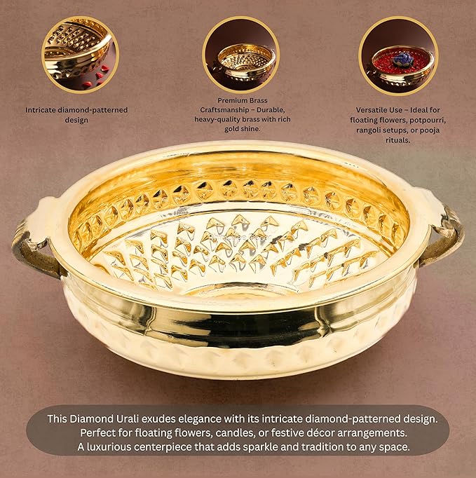 Diamond Carving Urali Bowl 10" | 740 gm Decorative Brass Bowl & Platter | Home Decor, Pooja & Gifting | Brass | Gold