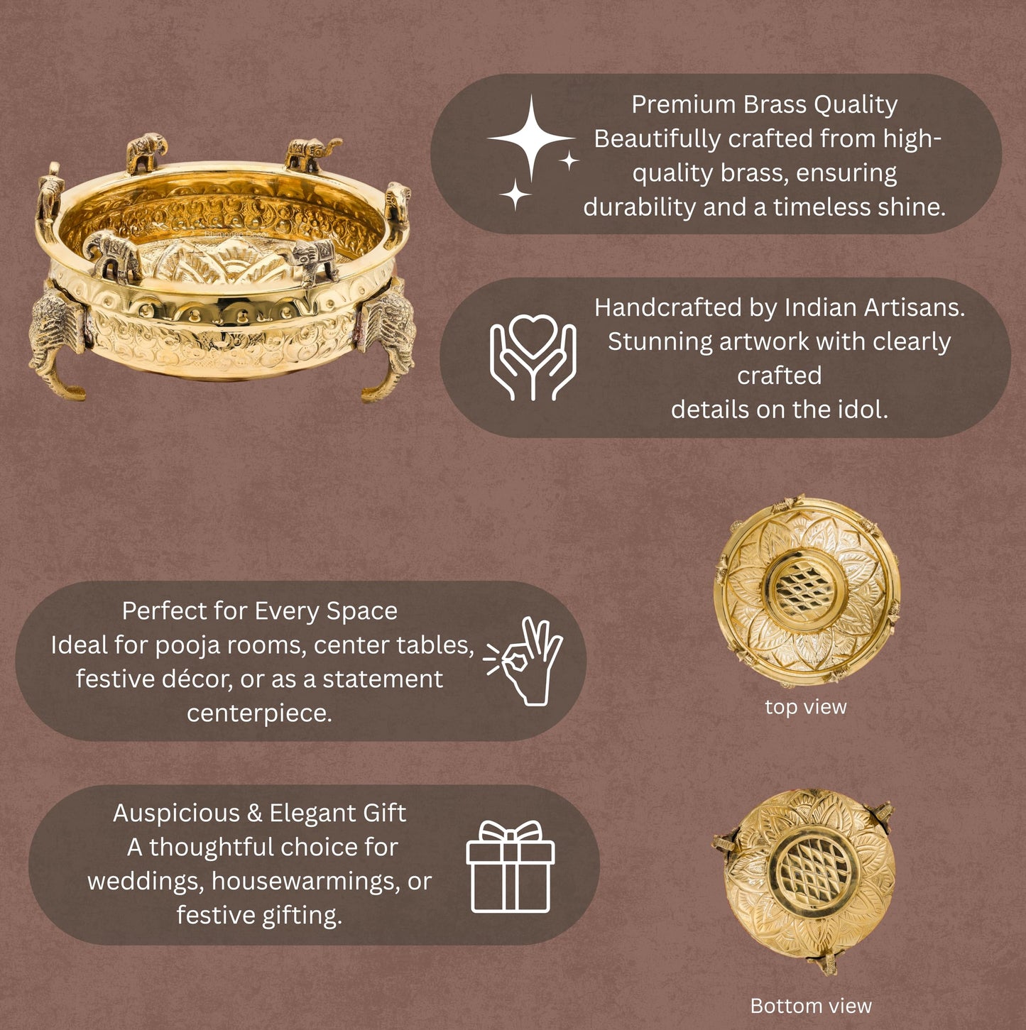 Elephant Carving Urali Bowl 8" | 800 gm Decorative Brass Bowl & Platter | Home Decor, Pooja & Gifting | Brass | Gold