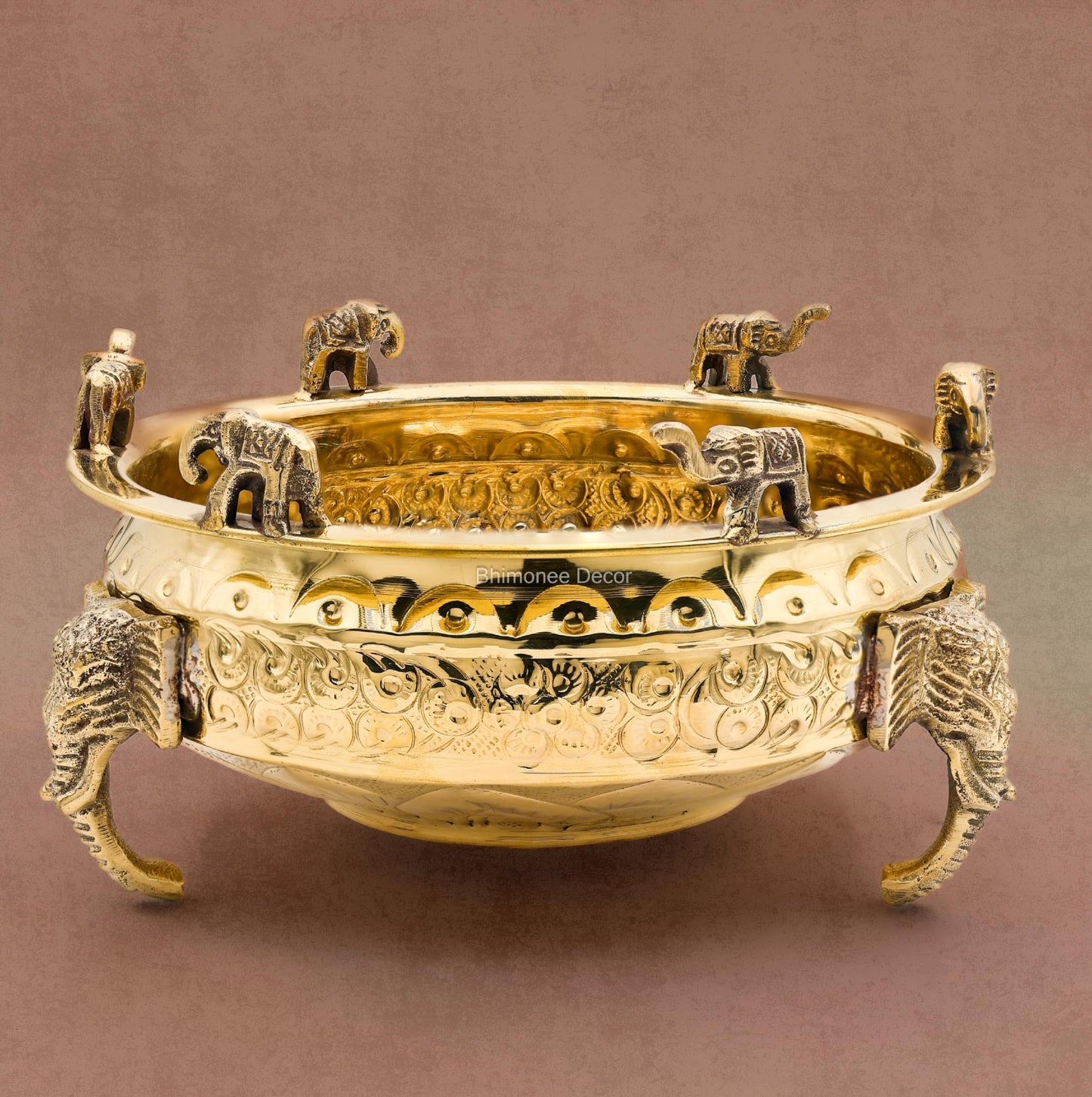 Elephant Carving Urali Bowl 8" | 800 gm Decorative Brass Bowl & Platter | Home Decor, Pooja & Gifting | Brass | Gold