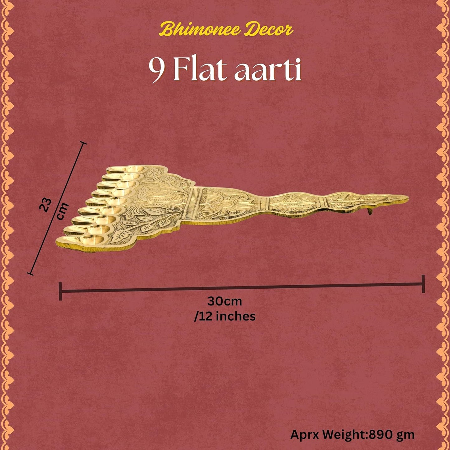9 Flat Aarti Brass Pooja Lamp | 30x23 cm, 890 gm Traditional Handcrafted Aarti Deepam for Mandir & Festivals | Decorative Spiritual Home & Temple Accessory