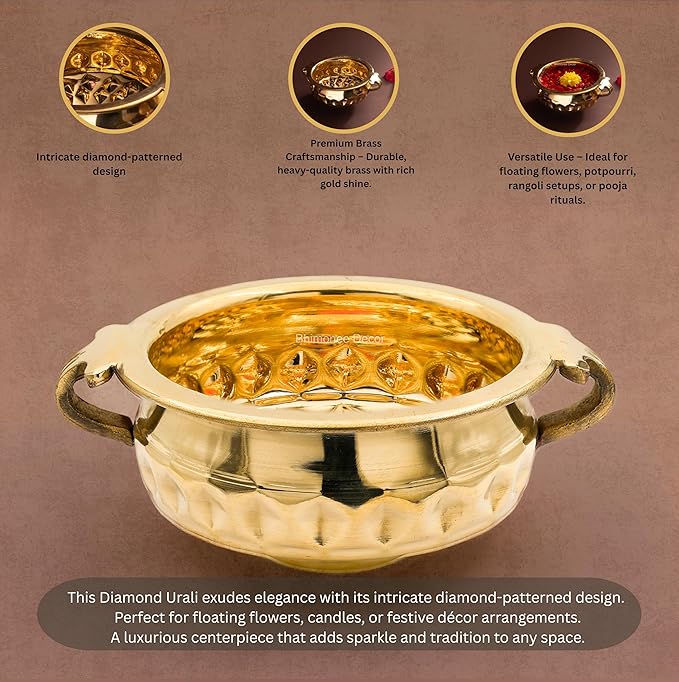 Diamond Carving Urali Thali 6" | 320 gm Decorative Brass Bowl & Platter | Home Decor, Pooja & Gifting | Brass | Gold