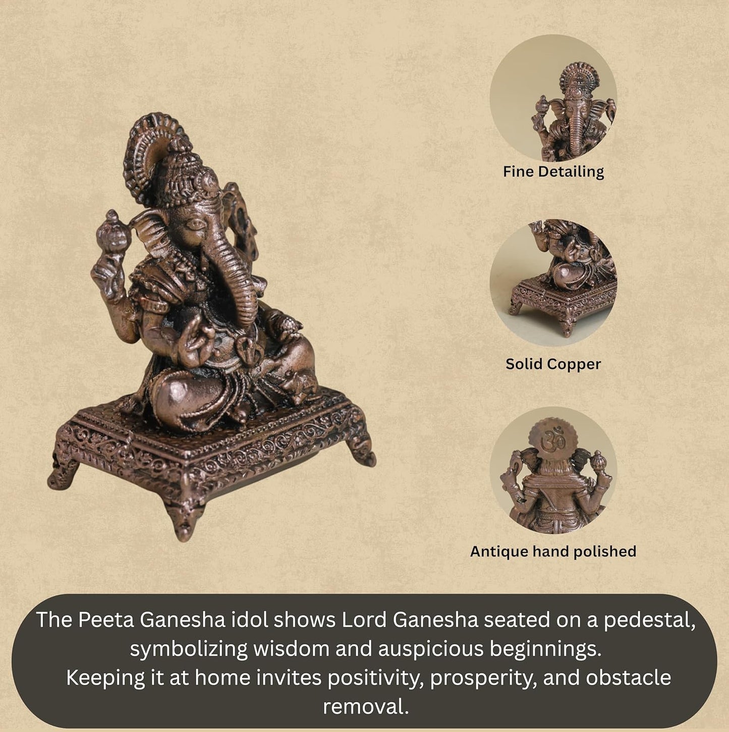 Peeta Ganesha Idol | 60 gm Brass ,5 inches Finish Ganpati Murti | Sitting Ganesh Statue for Home Temple