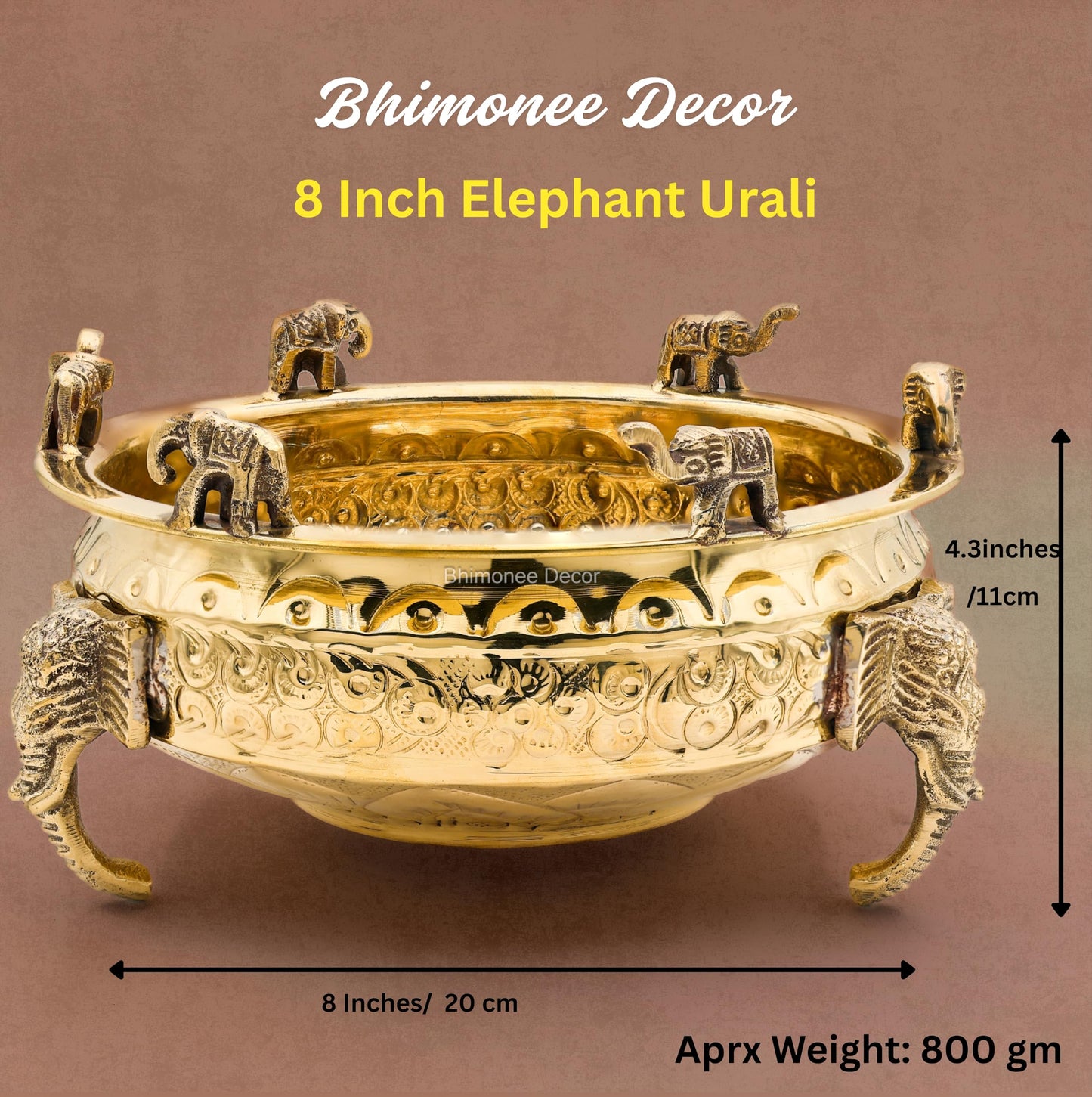 Elephant Carving Urali Bowl 8" | 800 gm Decorative Brass Bowl & Platter | Home Decor, Pooja & Gifting | Brass | Gold