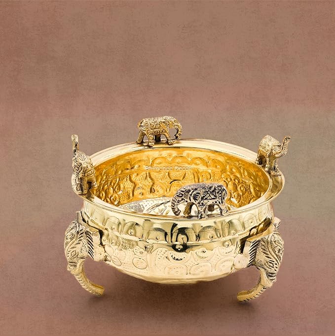 Elephant Carving Urali Bowl 6" | 570 gm Decorative Brass Bowl & Platter | Home Decor, Pooja & Gifting | Brass | Gold