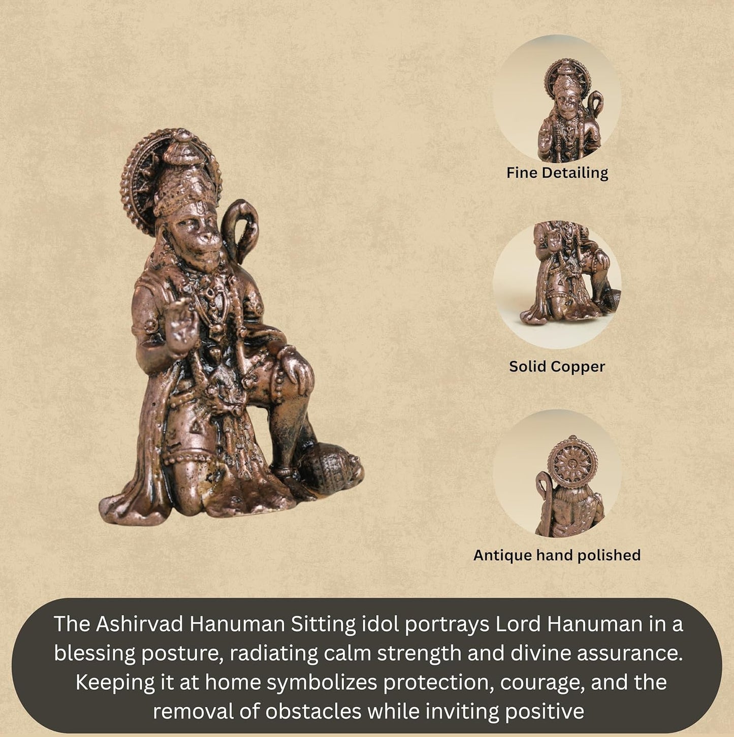 Ashirvad Hanuman Idol | 50 gm  ,5 inches Sitting Murti | Antique Finish Metal God Statue for Home Temple