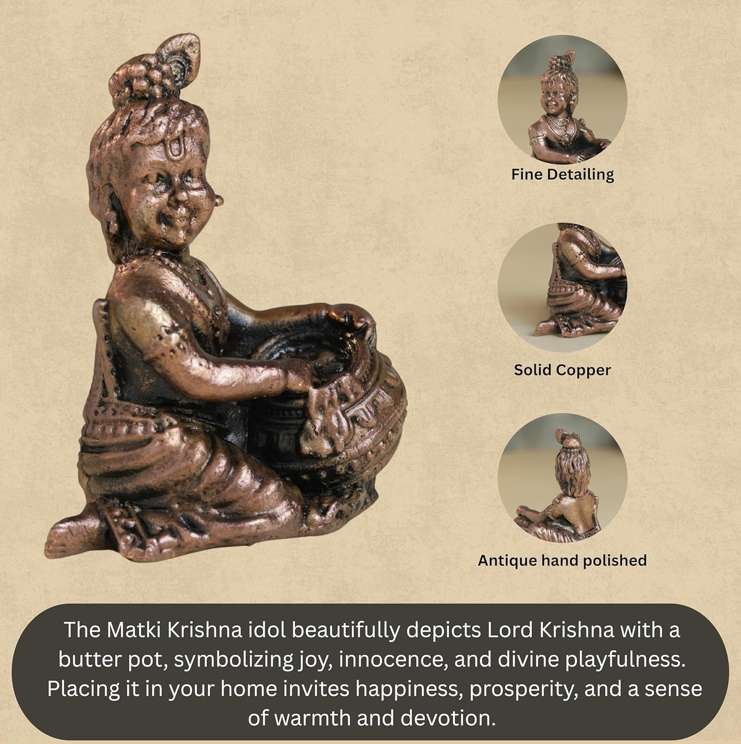 Bal Krishna Idol with Matki | 200 gm ,6.5 inches Krishna Murti | Antique Finish Metal God Statue for Home Temple