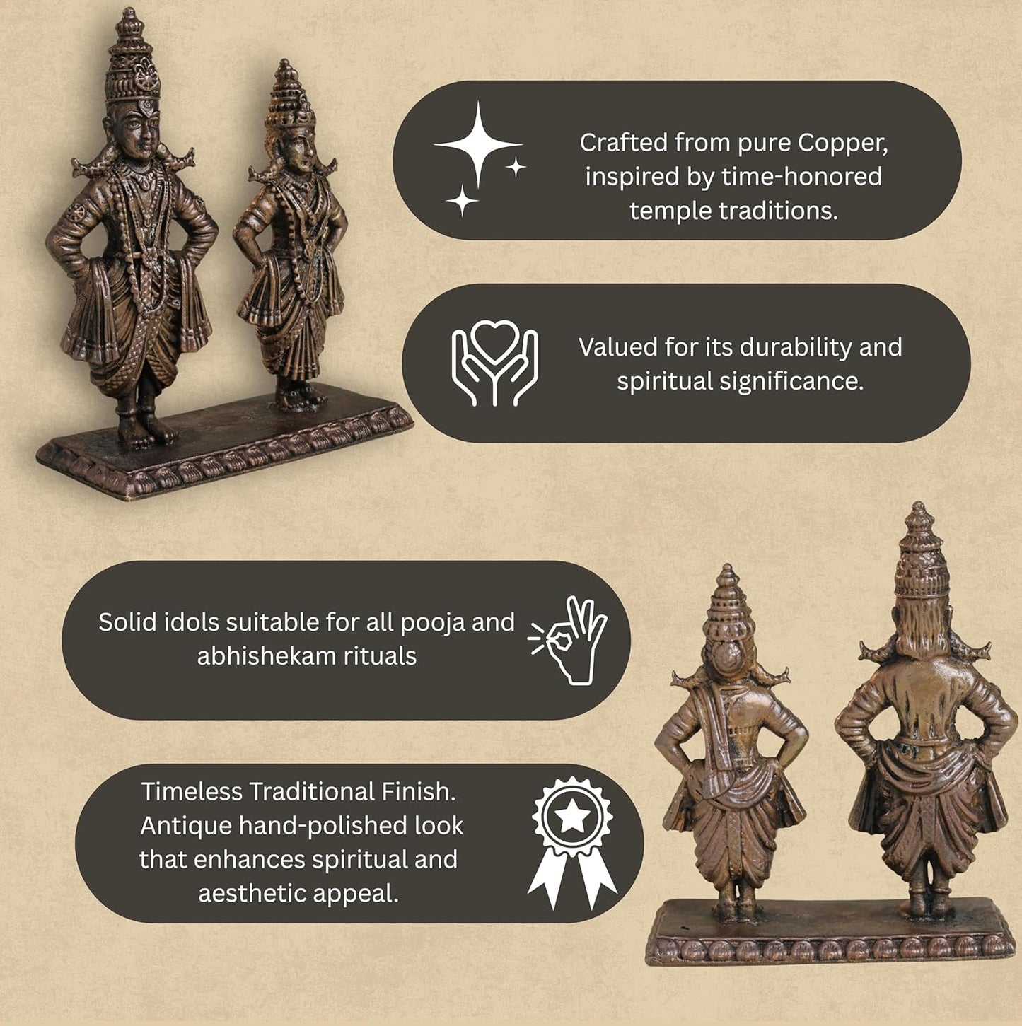 Panduranga Vittala Idol | 200 gm Brass ,8 inches Finish God Statue | Vitthal Rukmini Murti for Home Temple.