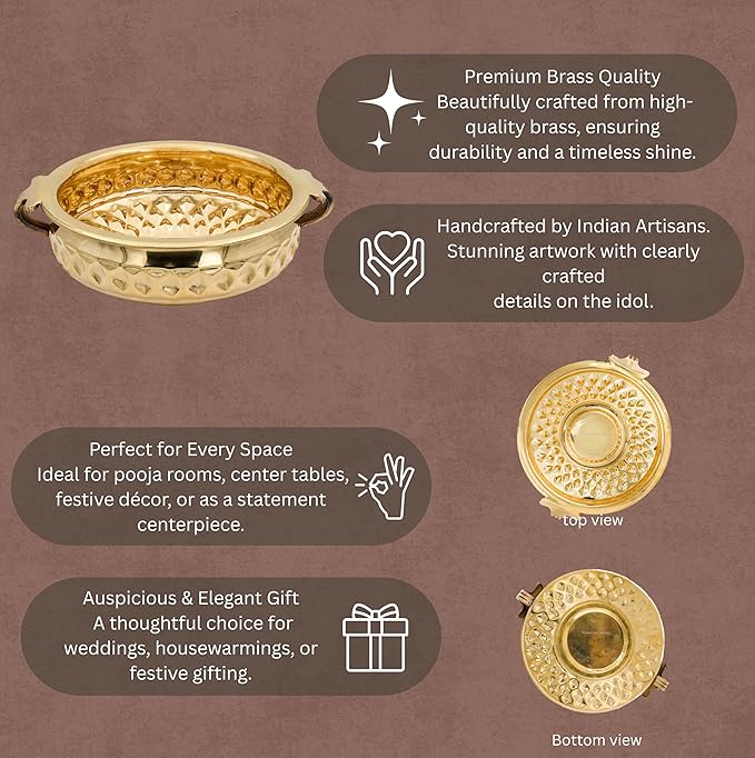 Diamond Carving Urali Bowl 8" | 470 gm Decorative Brass Bowl & Platter | Home Decor, Pooja & Gifting | Brass | Gold