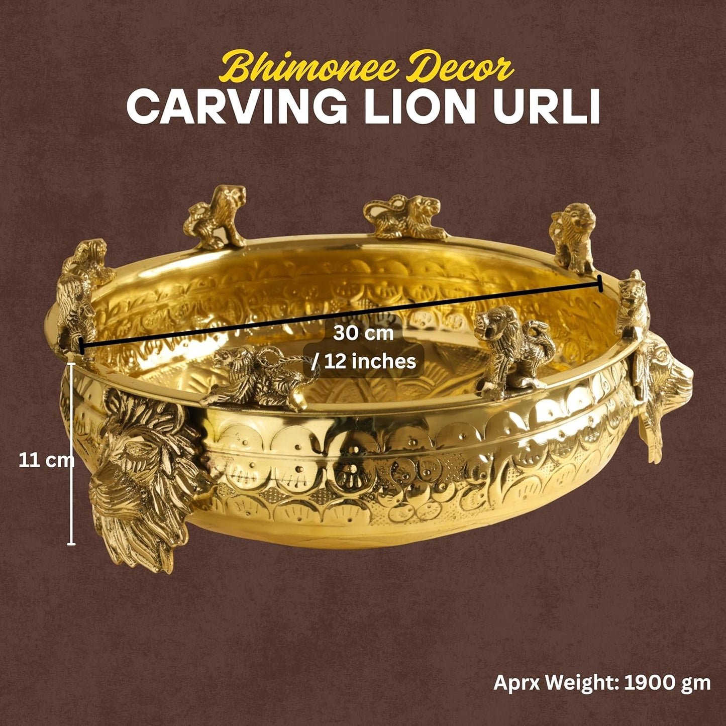 Brass Urli Bowl with Lion Design , 12 inches 1180 grams  | Decorative Floating Flower Bowl for Home Decor |  Handcrafted Metal Urli