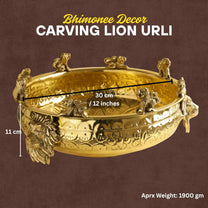 Brass Urli Bowl with Lion Design , 12 inches 1180 grams  | Decorative Floating Flower Bowl for Home Decor |  Handcrafted Metal Urli