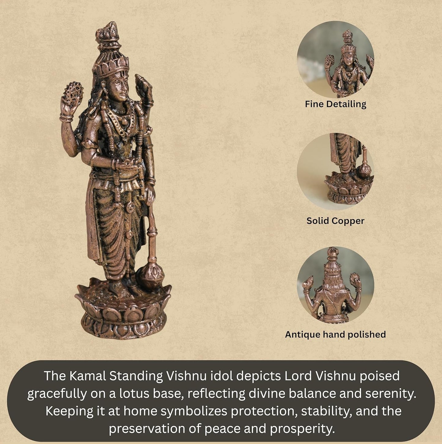 260 gm ,12 inches Kamal Standing Vishnu Idol | Antique Finish Metal God Statue for Home Temple