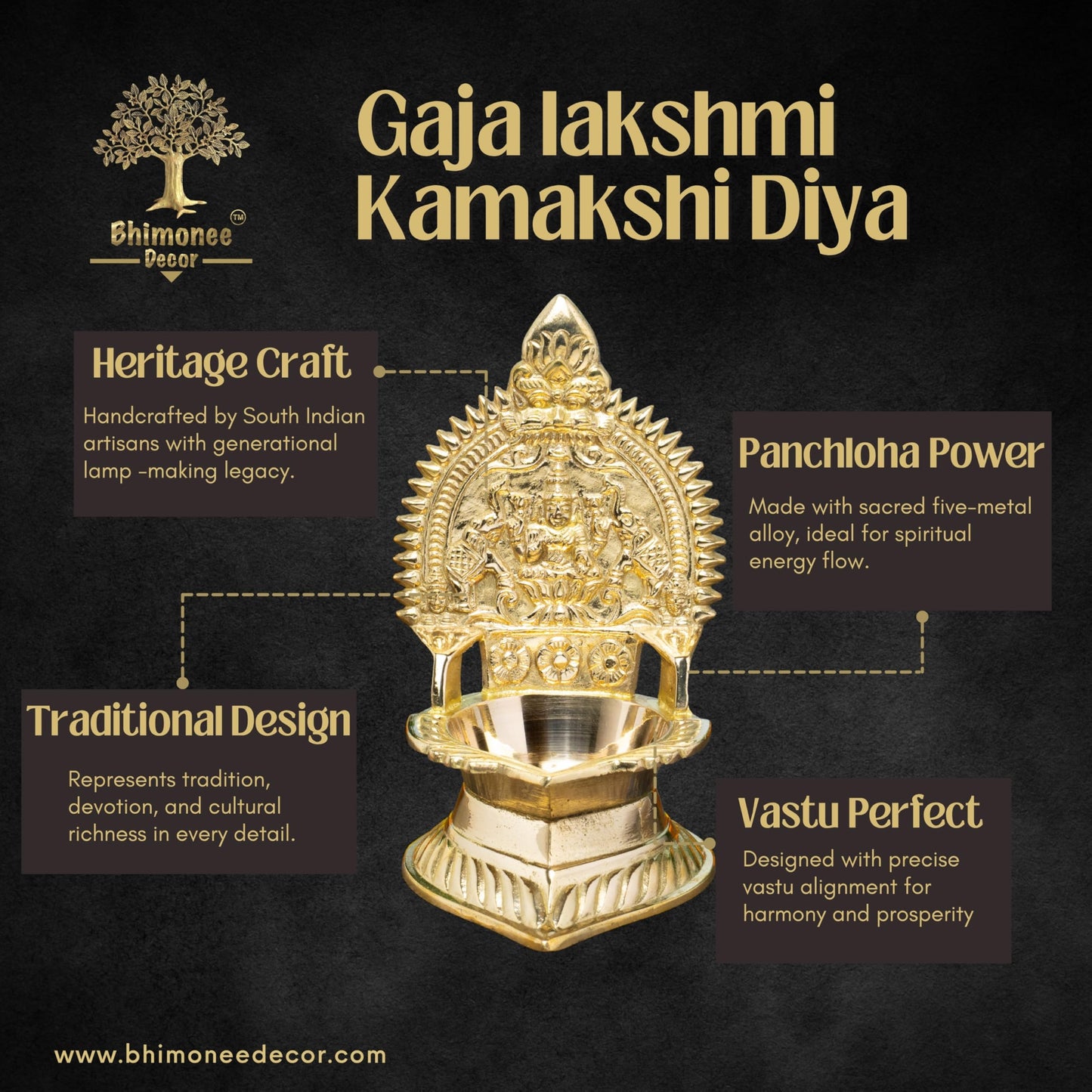 Gaja Lakshmi Kamakshi Brass Diya for Pooja | 5.75 Inch, 380g