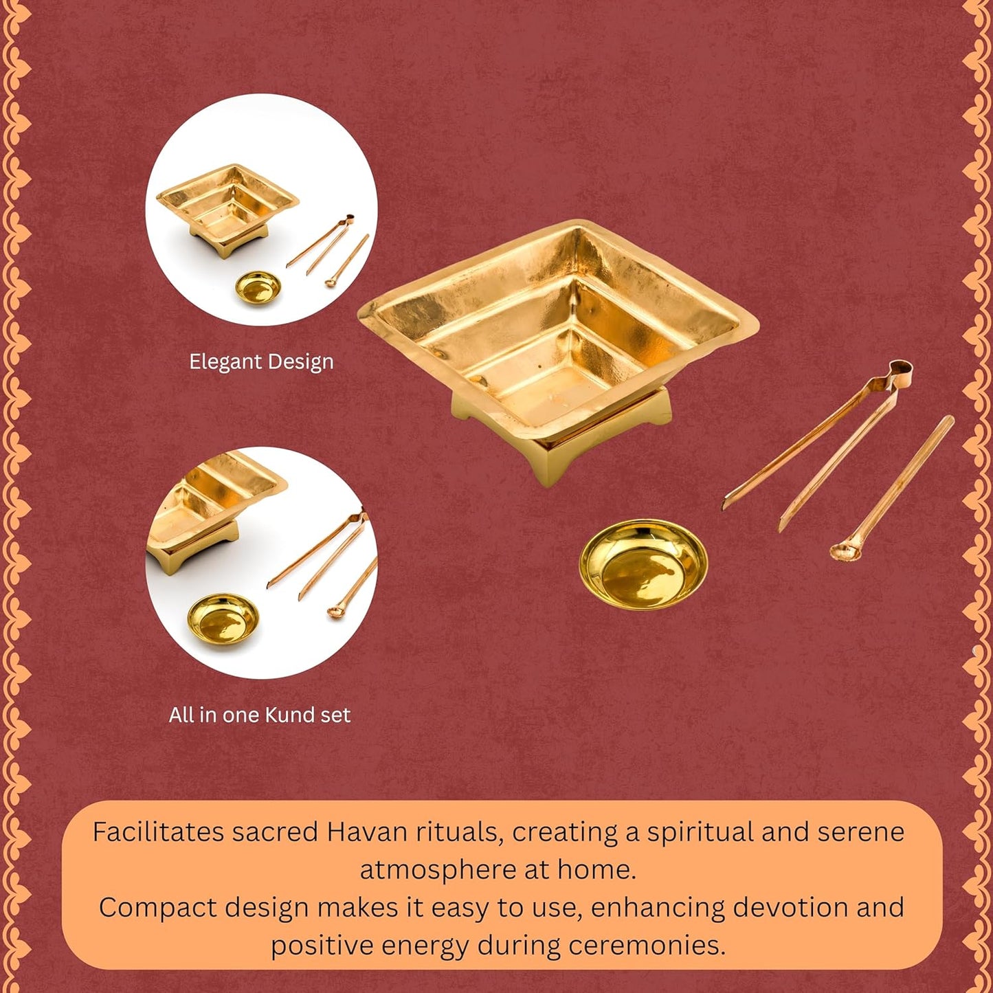 Small Havan Kund Brass Pooja Set | 17 x 17 cm, 410 gm Traditional Handcrafted Havan Patra with Stand, Spoon, Plate & Tong