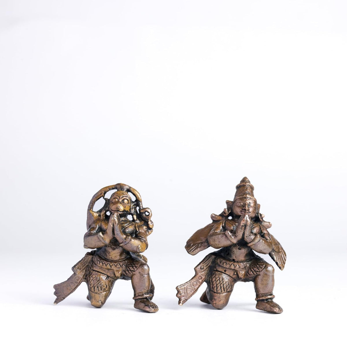 Leg Down Garuda Hanuman Set 1.5-Inch 110gm | Handmade Copper Idol Patina Antique Finish Mini Temple Murti for Pooja Ghar