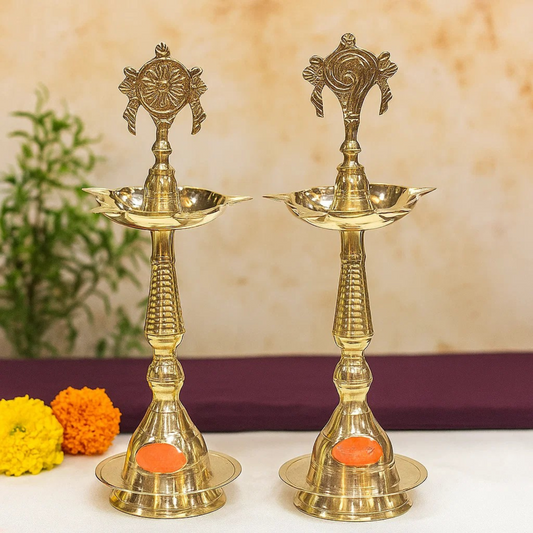 Pure Brass Shanku Chakra Kerla Fancy Diya, 11 inches, Brass Colour, Pack of 1 Pair