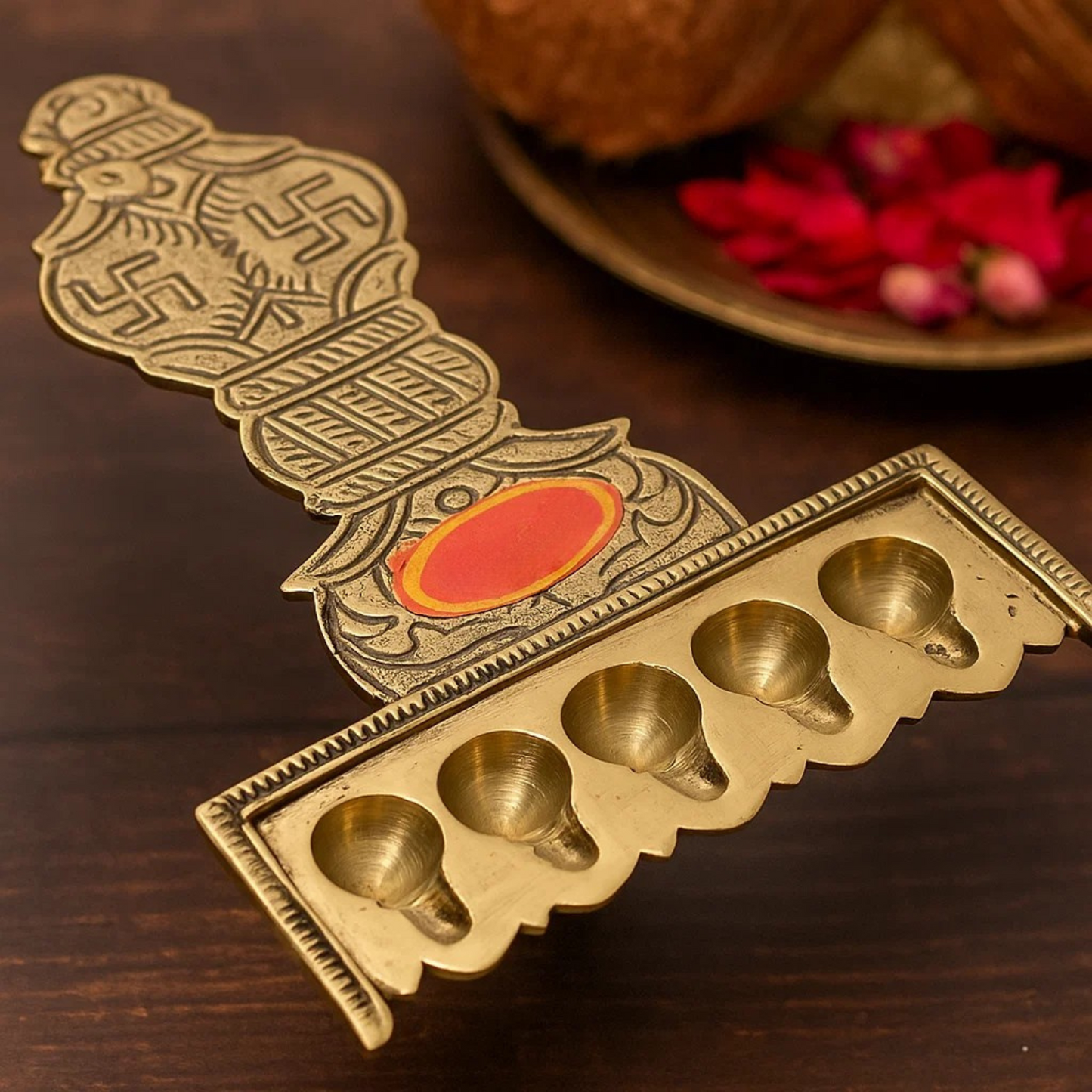 Pure Brass Flat Udupi Panch Aarti, Deep, Deepak, Diya for Pooja Purposes, 320gm