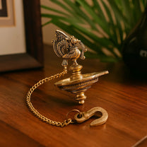 Handmade Ethnic Peacock Design 1 Oil Wick Brass Hanging Diya, Medium, Pack of 1