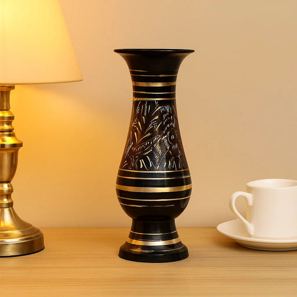 Bhimonee Decor Brass Decorative Flower Vase for Living Room | Made of Brass 8 inch Long Vase | Hand Painted Bidri Work Flower vase Brass | Ideal Diwali Gifts for Family and Friends