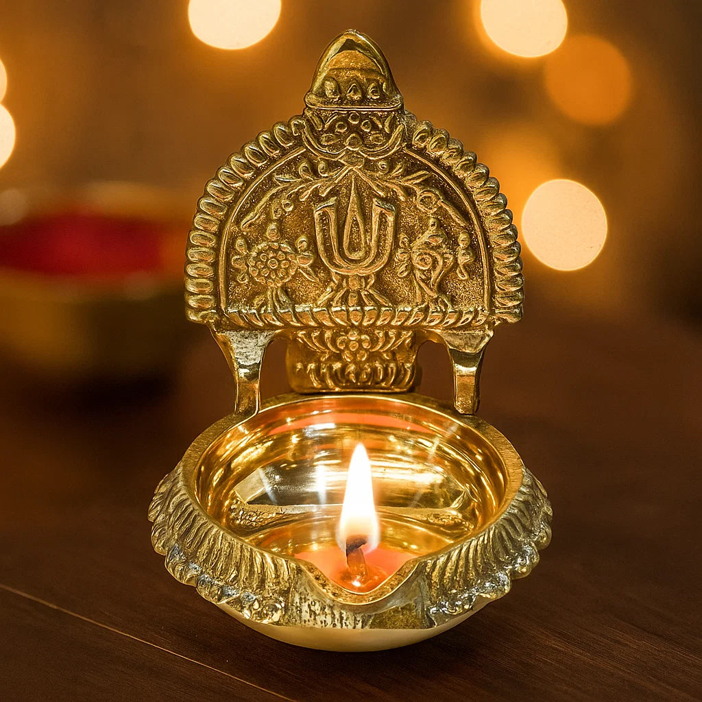Pure Brass Shanku Chakra Kuber Kamakshi Deep, Deepak, Diya for Pooja Purposes, 3.65 inches , 110 gm Approx.
