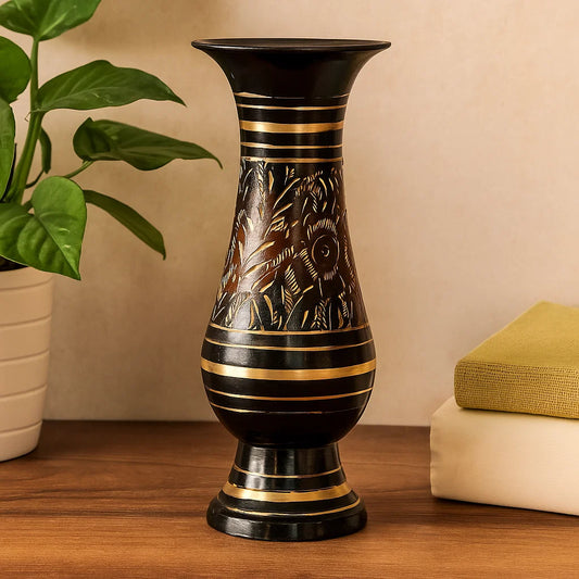 Bhimonee Decor Pure Brass Double Colour Bidri Work Flower Vase 6"