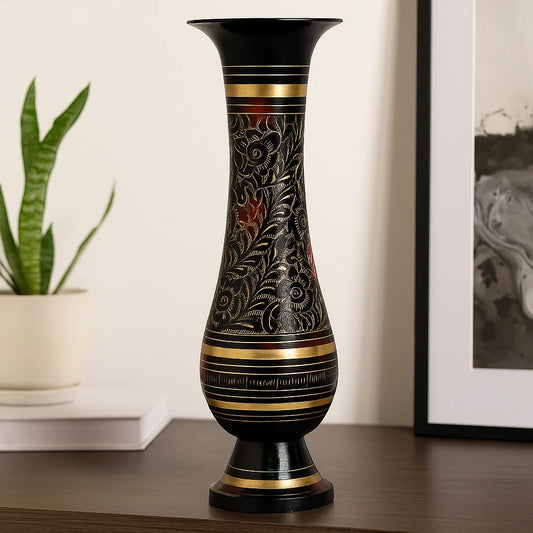Bhimonee Decor Pure Brass Double Colour Bidri Work Flower Vase 12"