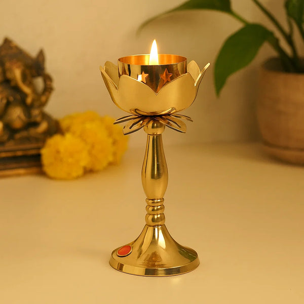 Bhimonee Decor Brass Candle Stand Holder for Pooja Room Decor, Home Decoration All Purpose, 8 inches, 360gm