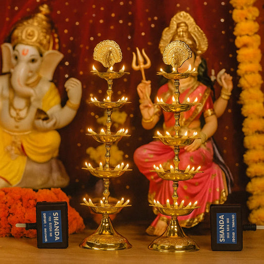 Modern Gift Centre Pure Brass 5 Step Electric Gold Bulb Lights Diya | Deep | Deepak for Pooja | Puja | Mandir | Diwali Festival Decoration | Pair | with Golden Polish for no Colour Fading