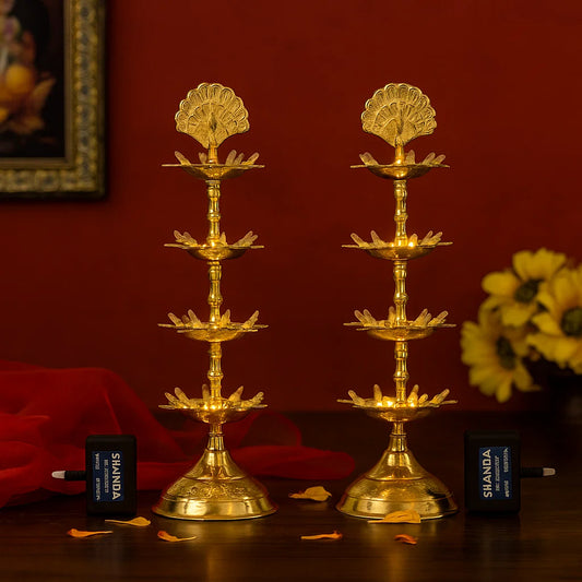 Modern Gift Centre Pure Brass 4 Step Electric Gold Bulb Lights Diya | Deep| Deepak for Pooja | Puja | Mandir | Diwali Festival Decoration|  Pair | with Golden Polish for no Colour Fading