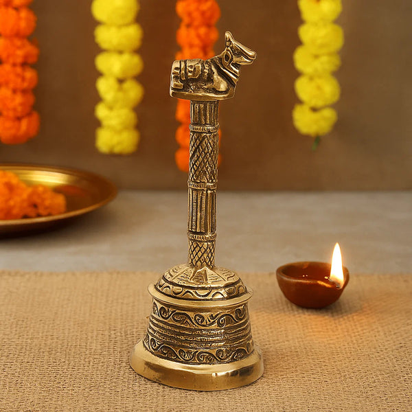 Bhimonee Decor Brass Handicraft 5.25" nandi Puja Hand bell Ghanti for Poojan, Aarti or Spiritual Purpose