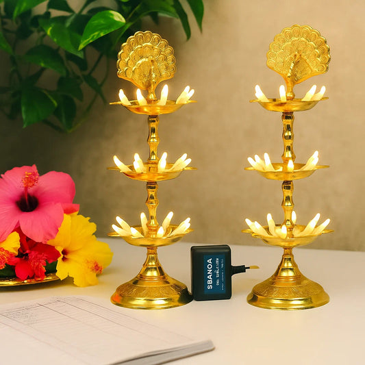 Pure Brass 3 Step Electric Gold Bulb Lights Diya | Deep | Deepak for Pooja | Puja | Mandir | Diwali Festival Decoration | Pair | with Golden Polish for no Colour Fading