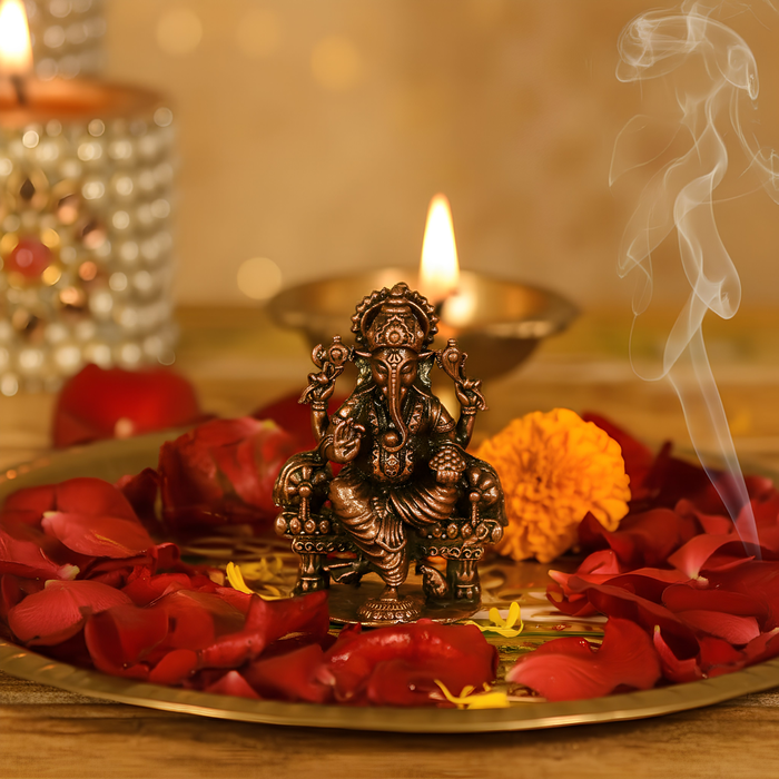 Copper Handmade Darbar Ganesha 2.5 inches Sitting Idol Statue Showpiece for Home Temple Decor I Car Dashboard Decor I Office Desk I Nice Gift Ideal for Good Luck Wishes I