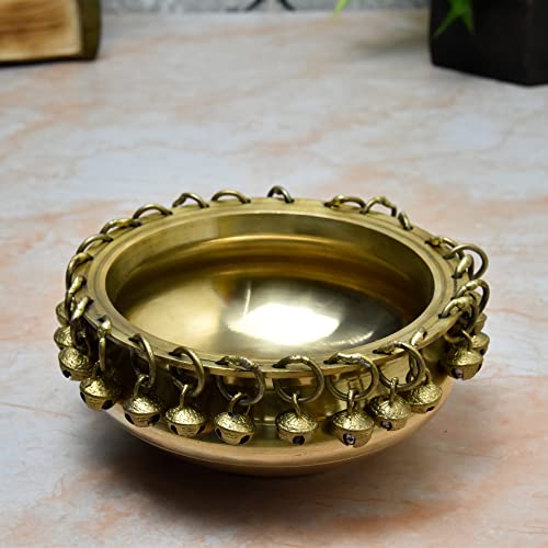 Pure Brass Urli Ethnic Bowl with Bells, 6 inches, Antique Finish