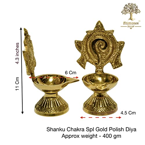 Pure Brass Shanku Chakra Diya, 4.3 inches, Gold Polish, Pack of 1 Pair