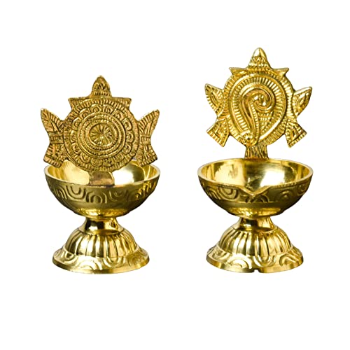 Pure Brass Shanku Chakra Diya Big Size, 4.3 inches, Gold Polish, Pack of 1 Pair