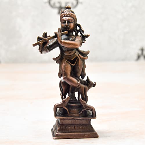 4 inches, Handmade Copper Cow Krishna Idol, 210 Grams , Patina Antique Finish , Pack of 1 Piece