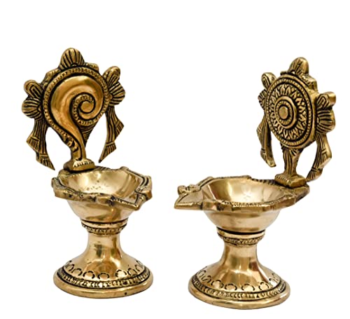 Pure Brass Shanku Chakra Long Table Diya, 6 inches Big Size, Brass, Pack of 1 Pair