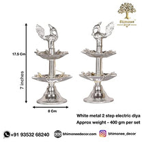 White Metal 7 inches Silver Colour 2 Step Electric Bulb Lights Diya | Deep | Deepak for Pooja | Puja | Mandir | Diwali Festival Decoration | Pair