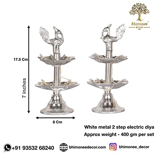 White Metal 7 inches Silver Colour 2 Step Electric Bulb Lights Diya | Deep | Deepak for Pooja | Puja | Mandir | Diwali Festival Decoration | Pair