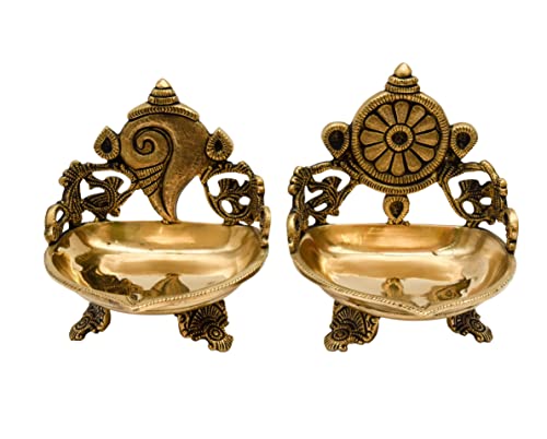 Pure Brass Shanku Chakra 5.5 inches Table Diya Side View
