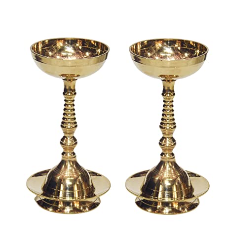 Pure Brass Plain Nanda Bowl Long Table Diya, 5.5 inches, Pack of 2 pcs (with Lavanga - 2pc)