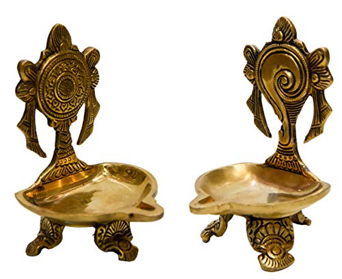 Printology Pure Brass Shanku Chakra Table Diya for Pooja